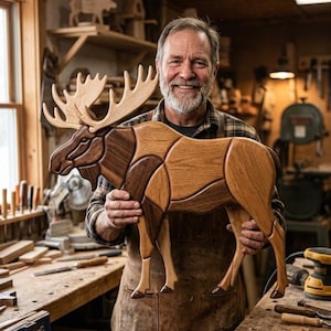 Puede incluir: Una escultura de alce de madera con un diseño de retazos, con varios tonos de marrón. Las astas son de un tono de madera más claro. La escultura es sostenida por una persona en un taller.