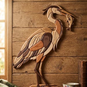 May include: A wooden heron sculpture with a fish in its beak. The heron is crafted from various wood tones, including light and dark browns, and is mounted on a wooden background. The sculpture is a decorative piece, possibly for a home or cabin.