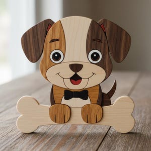 May include: A wooden dog ornament in shades of light brown, dark brown, and beige. The dog features large eyes, a black bow tie, and a bone. This decorative wooden dog is a charming addition to any home.