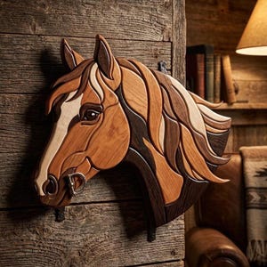 May include: A wall-mounted horse head sculpture crafted from layered wood in various natural brown tones. The piece features a detailed mane, a white blaze on the face, and a metallic D-ring bit attached to the side of the horse's mouth.