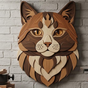 Patrón de intarsia de cabeza de gato (PDF), plantilla de arte mural de gato con sierra de calar, patrón de rompecabezas de gato de madera, plan de carpintería DIY