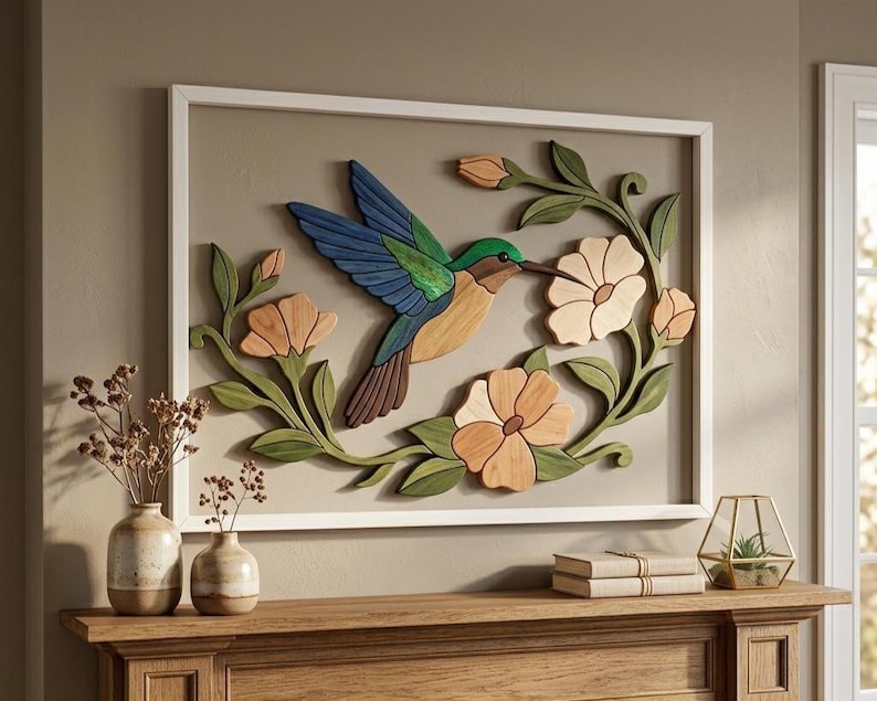 May include: A rectangular wall art piece in a white frame featuring a layered wooden hummingbird in shades of blue, green, and brown, surrounded by carved wooden flowers in light peach and green leaves, mounted on a solid light gray background.