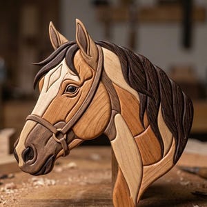 Könnte beinhalten: Holzpferd-Kopfskulptur, kunstvoll aus verschiedenen Holzarten gefertigt. Die Skulptur zeigt einen detaillierten Zaum und Mähne, mit einer Mischung aus hellen und dunklen Brauntönen. Ein dekoratives Kunstwerk für die Inneneinrichtung.