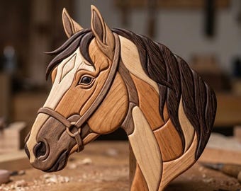 May include: A handcrafted wooden horse head wall art piece featuring intricate intarsia construction. The design utilizes various natural wood tones, including light tan, medium brown, and dark espresso, to create depth and detail in the mane and face.