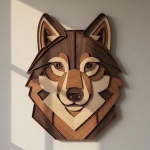 Peut inclure: Une œuvre d'art murale en bois représentant une tête de loup. L'œuvre utilise différentes nuances de bois brun, comme le noyer foncé et des tons plus clairs, créant un effet tridimensionnel. Le visage du loup est géométriquement conçu, avec des yeux et un nez détaillés.