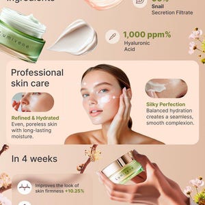 May include: An advertisement for Lumivene skincare products. The image shows a jar of cream, a woman, and text highlighting ingredients like snail secretion filtrate and hyaluronic acid. The text emphasises hydration and skin benefits.