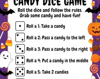 Może przedstawiać: Arkusz z instrukcją gry Halloween Candy Dice Game z białym tłem i fioletową ramką ozdobioną dyniami, duchami, nietoperzami i cukierkami. Tekst zawiera zasady gry dla rzutów kośćmi od jednego do sześciu wraz z odpowiednimi instrukcjami.