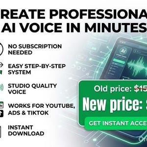 Peut inclure: Graphique promotionnel avec le texte « CRÉEZ UNE VOIX IA PROFESSIONNELLE EN QUELQUES MINUTES ». Comprend : pas d'abonnement requis, système étape par étape facile, voix de qualité studio et téléchargement instantané. Une tablette affiche une onde sonore. Le prix est réduit de 15 $ à 9 $.