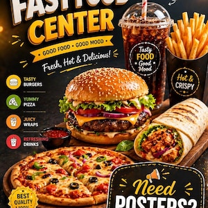 Puede incluir: Imagen promocional de un centro de comida rápida, con una hamburguesa, pizza, wrap, patatas fritas y una bebida. La imagen incluye el texto "Delicious Fast Food Center" y "Need Posters? Call Now".