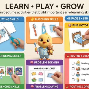Może przedstawiać: Edukacyjna książka z ćwiczeniami zatytułowana LEARN PLAY GROW, zawierająca 49 stron i 280 naklejek. Obejmuje sekcje dotyczące wycinania, dopasowywania, motoryki małej, sekwencjonowania, rozwiązywania problem&oacute;w i rutyny z ż&oacute;łtym kurczaczkiem.