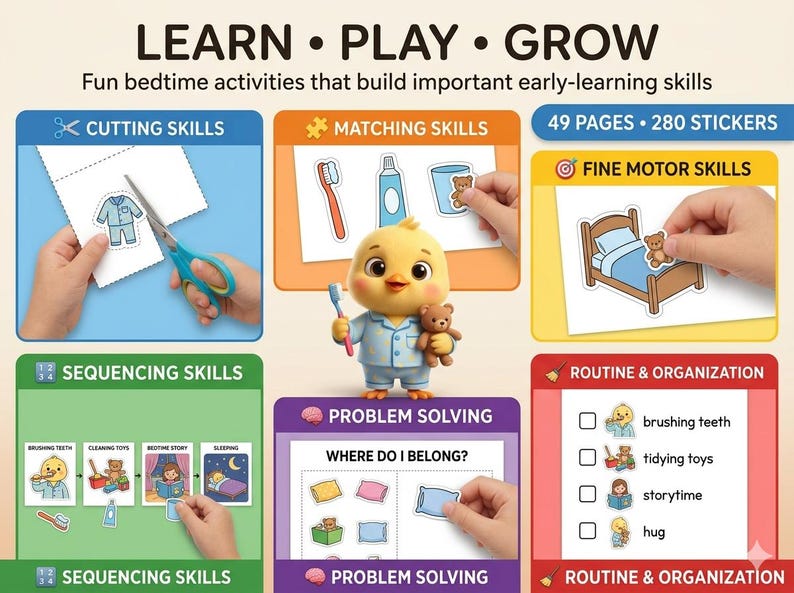 Może przedstawiać: Edukacyjna książka z ćwiczeniami zatytułowana LEARN PLAY GROW, zawierająca 49 stron i 280 naklejek. Obejmuje sekcje dotyczące wycinania, dopasowywania, motoryki małej, sekwencjonowania, rozwiązywania problem&oacute;w i rutyny z ż&oacute;łtym kurczaczkiem.