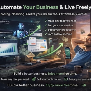 Peut inclure: Illustration numérique promouvant l'automatisation des entreprises avec l'IA. L'image montre un homme détendu à un bureau avec plusieurs écrans d'ordinateur, de l'argent et du café. Le texte comprend "Automatisez votre entreprise et vivez librement" et des puces.
