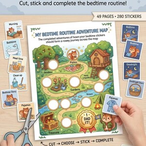 Może przedstawiać: Zestaw Fun Bedtime Sticker Activities zawierający 49 stron i 280 naklejek. Gł&oacute;wny arkusz przedstawia mapę My Bedtime Routine Adventure Map z pustymi k&oacute;łkami na naklejki, otoczoną r&oacute;żnymi kwadratowymi naklejkami z codziennymi zadaniami i wiewi&oacute;rką.
