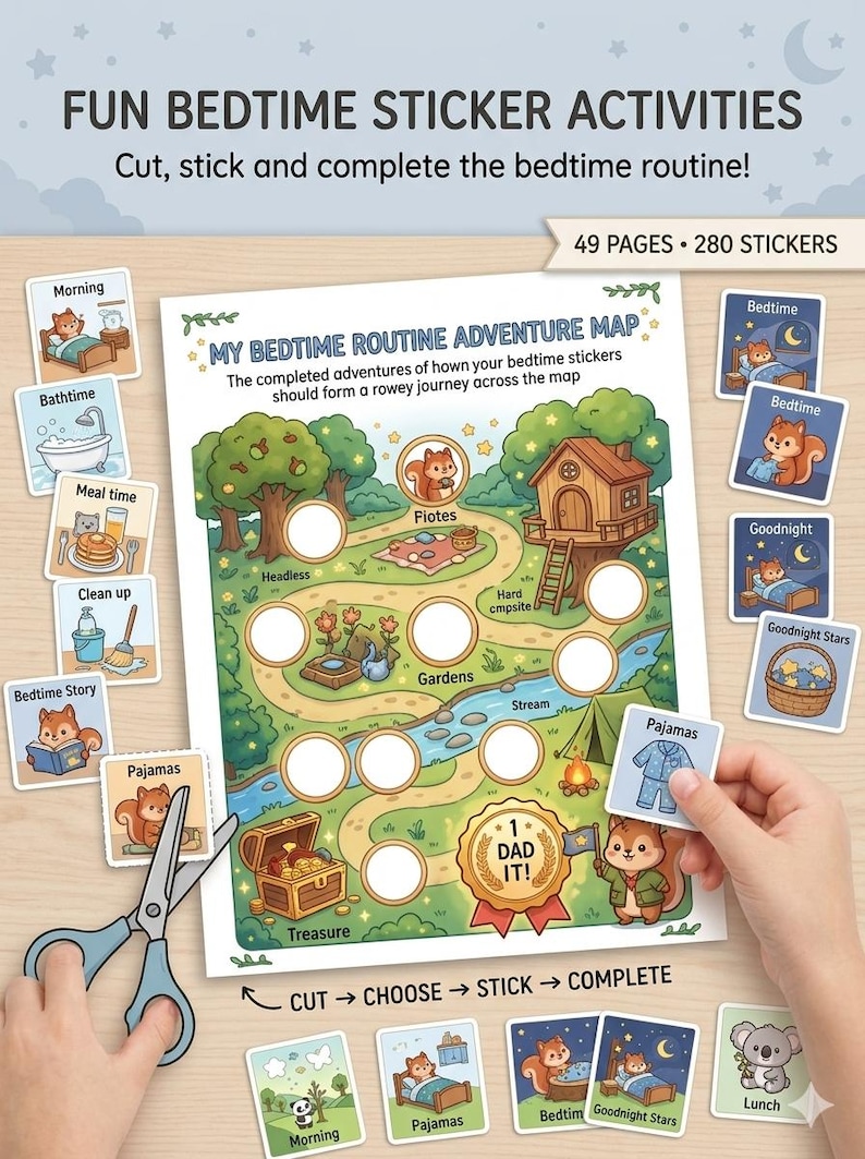 Może przedstawiać: Zestaw Fun Bedtime Sticker Activities zawierający 49 stron i 280 naklejek. Gł&oacute;wny arkusz przedstawia mapę My Bedtime Routine Adventure Map z pustymi k&oacute;łkami na naklejki, otoczoną r&oacute;żnymi kwadratowymi naklejkami z codziennymi zadaniami i wiewi&oacute;rką.
