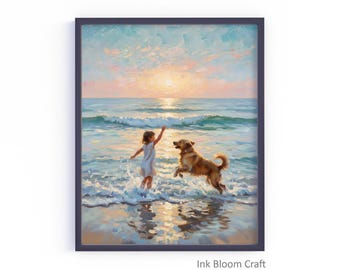 Impresión de atardecer en la playa, niña y perro, decoración costera (descarga digital)