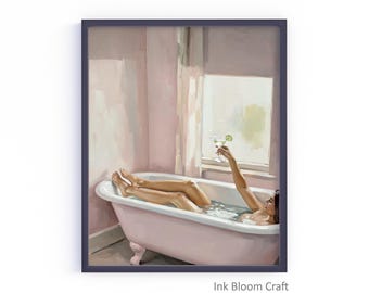 Blush Pink Woman in Bath Print, Relaxing Spa Cocktail Art (Digital Download)