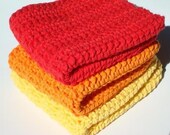 Three Cotton Washcloths, Orange, Yellow, Red Washcloths, Crochet Washcloths, Crocheted Washcloths, Wash Cloths - Sunset Washcloths