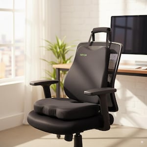 May include: Black ergonomic office chair with a headrest and armrests. The chair has a mesh back and a seat cushion. The backrest features the word "MIVOR" in green. The chair is in front of a window and a desk.