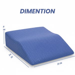 May include: A blue foam wedge pillow with a textured surface. The pillow measures 61 cm long, 53 cm wide, and 20 cm high. The word "DIMENTION" is printed in blue at the top of the image.
