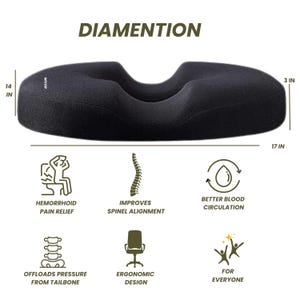 May include: Black ergonomic seat cushion, measuring 43 cm long, 36 cm wide, and 8 cm thick. Features include hemorrhoid pain relief, improved spinal alignment, better blood circulation, and ergonomic design. The text reads "FOR EVERYONE."