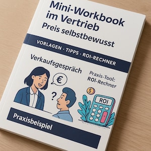 Könnte beinhalten: Ein weißes Arbeitsbuch mit dem Titel "Mini-Workbook im Vertrieb Preis selbstbewusst" mit Illustrationen und Text. Das Cover zeigt eine Karikatur von zwei Personen, einen Taschenrechner und das Wort "ROI". Das Buch liegt auf einer Holzoberfläche.