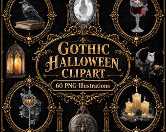 Gothic Clipart Bundle – 60 Halloween PNG Illustrations, Dark Academia Style