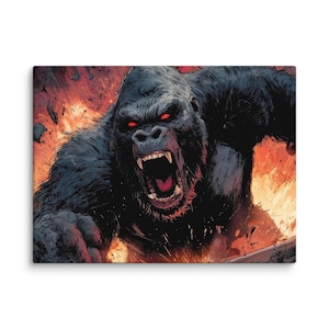 Può includere: Stampa su tela raffigurante un feroce gorilla con occhi rossi e bocca aperta, su uno sfondo infuocato arancione e rosso. La pelliccia del gorilla è nera e l'opera d'arte ha uno stile fumettistico.