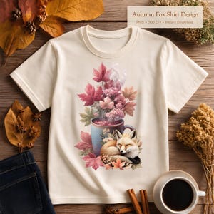 Sleeping Autumn Fox PNG: Cozy Watercolor Mug & Fall Leaves Shirt Design, Transparent 300 DPI
