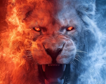 Elemental Fury Lion Wall Art Printable, Fire and Ice Fantasy Lion