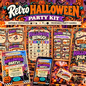 Può includere: Un kit per feste di Halloween in stile retrò che include un invito modificabile, cartelle della tombola stampabili, etichette per alimenti e un cartello di benvenuto. I design usano colori vivaci come arancione, viola e nero.