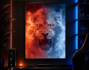 Elemental Fury Lion Wall Art Printable, Fire and Ice Fantasy Lion