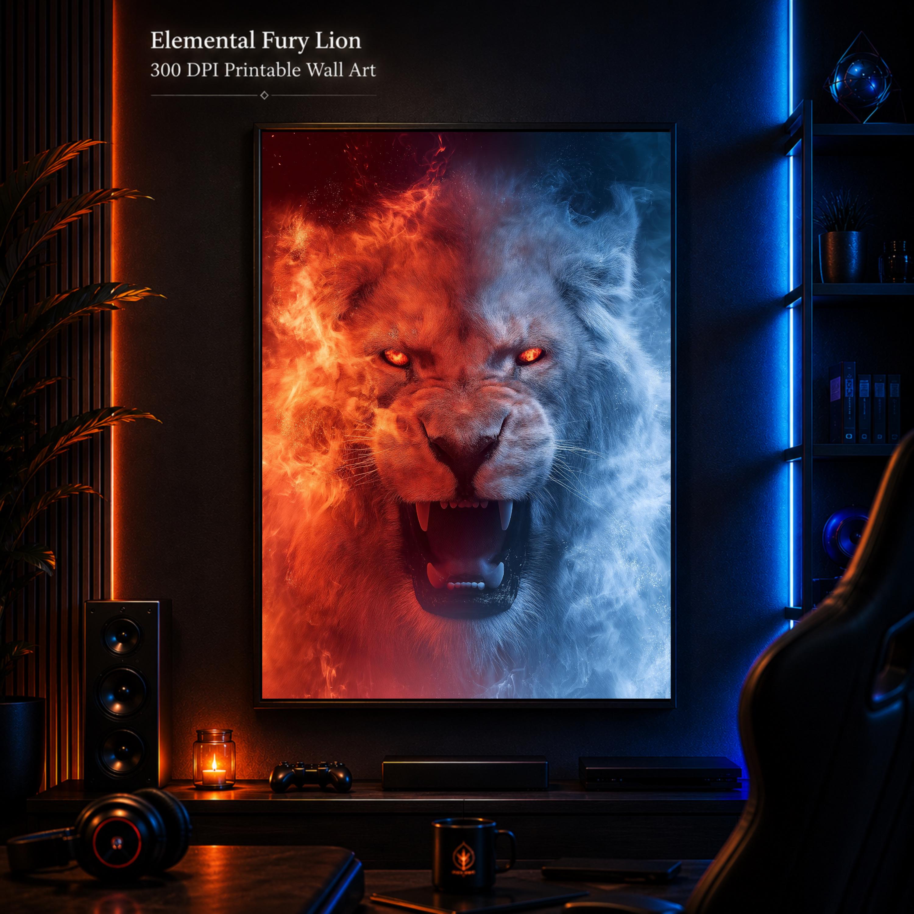 Elemental Fury Lion Wall Art Printable, Fire and Ice Fantasy Lion