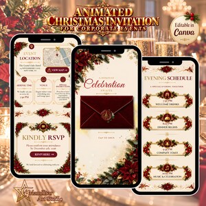 Può includere: Tre schermi di smartphone che mostrano un invito di Natale animato per eventi aziendali. Il design presenta stelle di Natale rosse, dettagli dorati, una busta rosso scuro con sigillo in ceralacca e testo con i dettagli dell'evento.