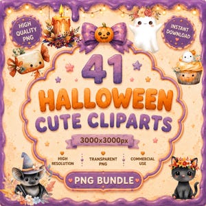 Kawaii Halloween Clipart PNG Bundle, Cute Pumpkin Ghost Clipart, Autumn Watercolor PNG, Planner Stickers, Junk Journal, Commercial Use