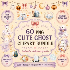 Può includere: Una collezione digitale di 60 illustrazioni di fantasmi ad acquerello con vari fantasmi carini, zucche, fiocchi ed elementi a tema Halloween. Il testo centrale recita 60 PNG CUTE GHOST CLIPART BUNDLE, con etichette aggiuntive di qualità.