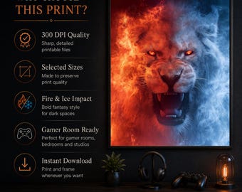 Elemental Fury Lion Wall Art Printable, Fire and Ice Fantasy Lion