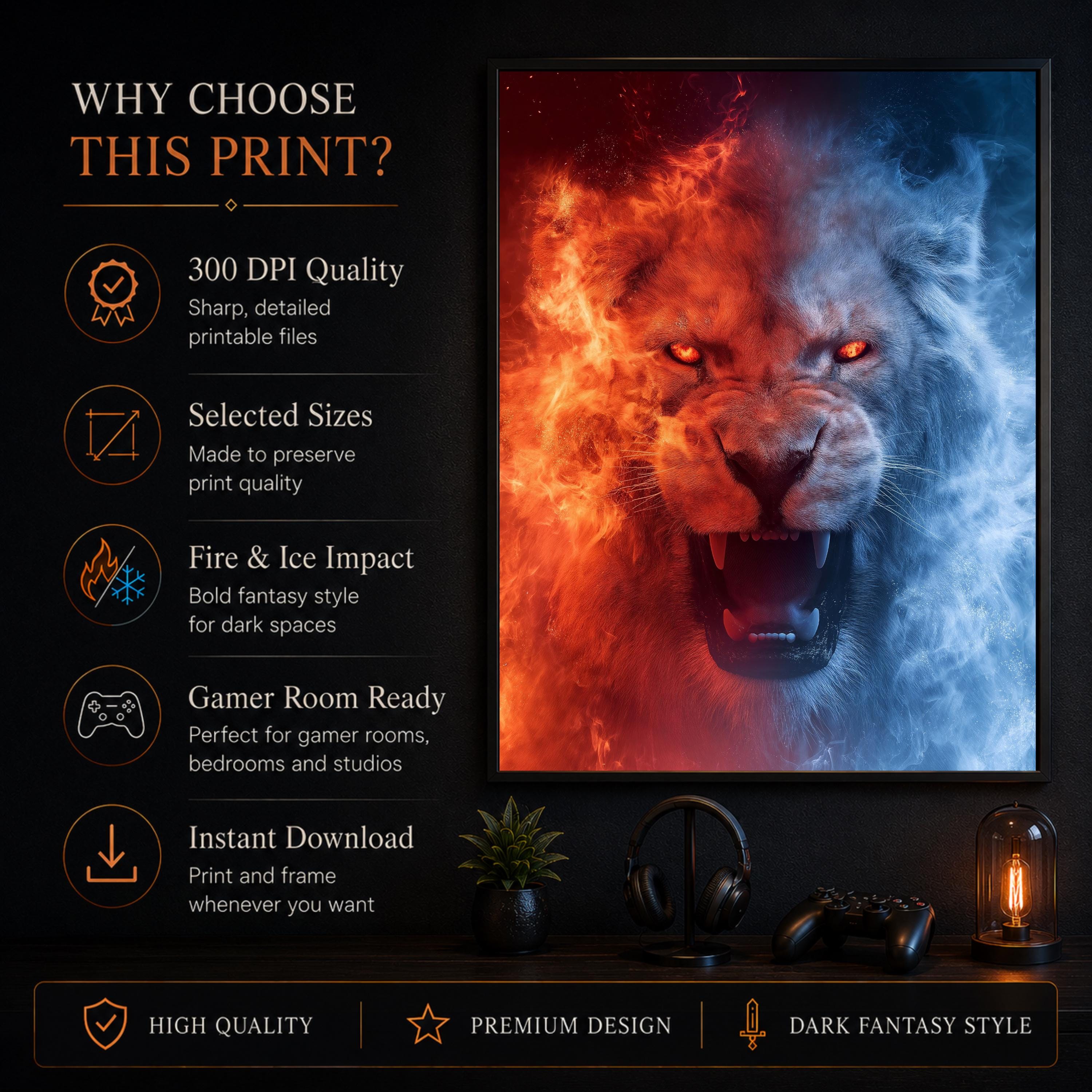 Elemental Fury Lion Wall Art Printable, Fire and Ice Fantasy Lion