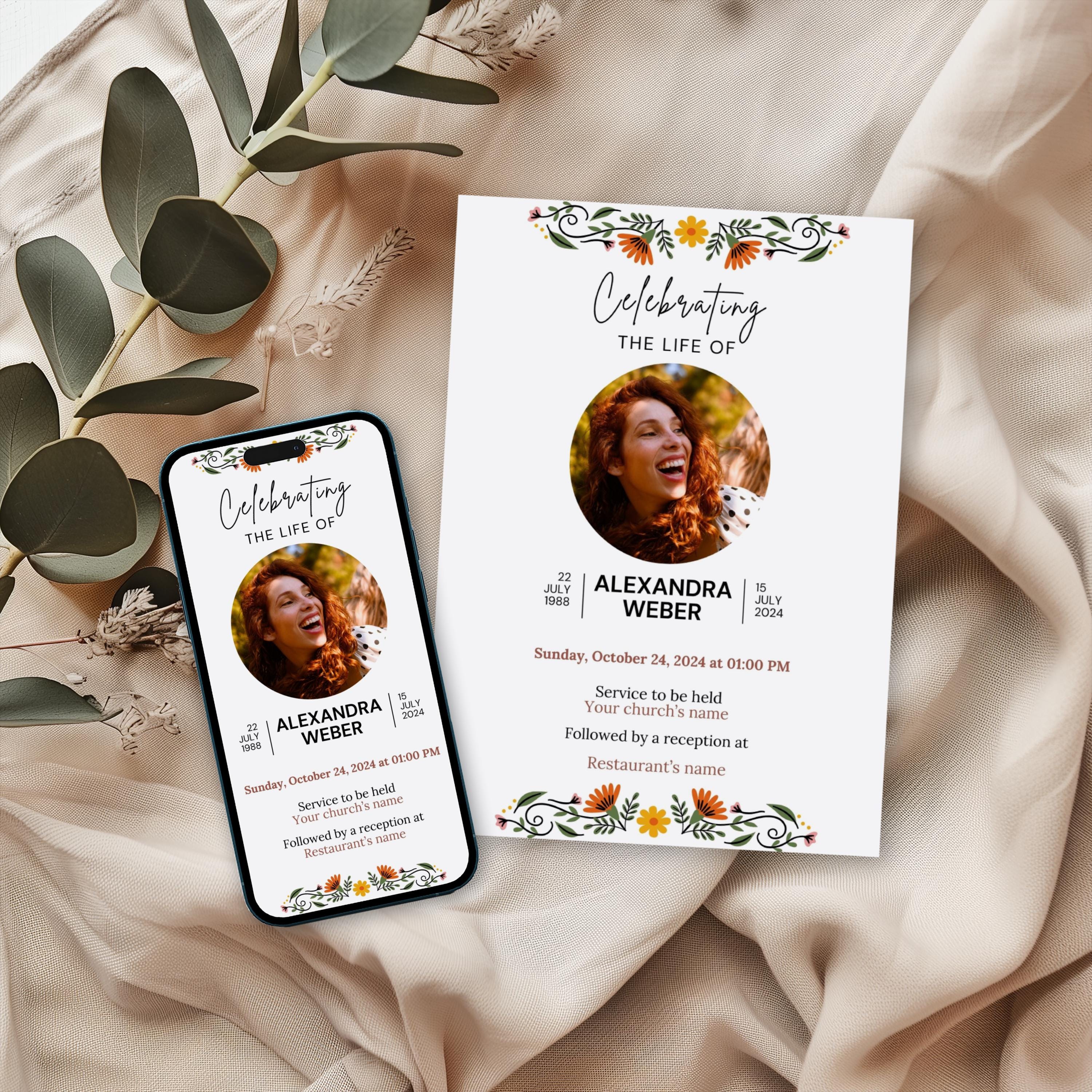 Funeral Invitation Template, Editable Celebration of Life Invite ...
