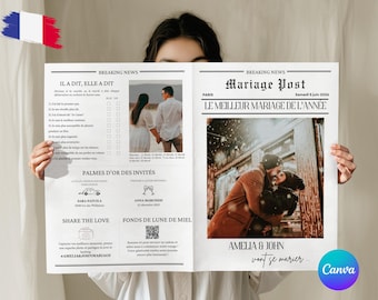 Personalized wedding newspaper with photo in French, Custom wedding Program Template, Unique Keepsake, modern wedding Journal, printable