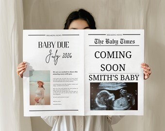 Anuncio de bebé en formato de periódico fotográfico, plantilla personalizable en Canva, invitación para baby shower, anuncio de embarazo, periódico grande