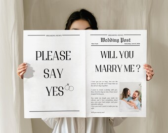 Jornal de proposta de casamento personalizado com foto, modelo de jornal "Você quer se casar comigo" editável canva, organização e decoração de casamento