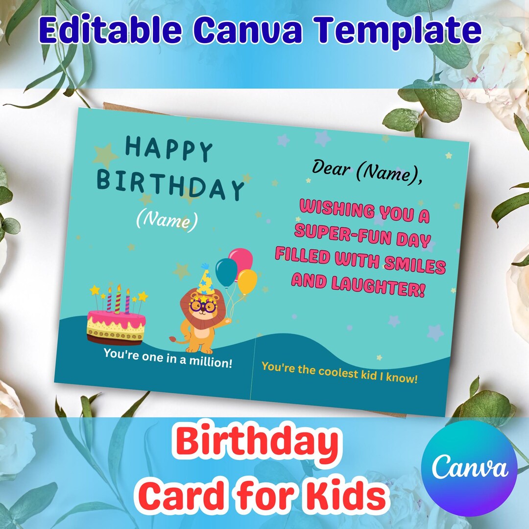 Mhn Card Example Lion Birthday Card for Kids: Editable Canva Template (digital Download ...