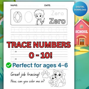 Peut inclure: Une feuille de travail numérique pour tracer les chiffres de 0 à 10. La feuille comprend le mot "Zero" et une illustration de dessin animé d'un enfant avec un crayon. Le texte "Perfect for ages 4-6" est également présent, ainsi qu'un dessin de deux chats.