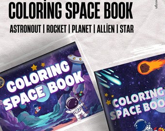 May include: Two coloring books with space-themed illustrations. The covers feature an astronaut, rocket, planets, and stars against a purple and blue galaxy background. The text "COLORING SPACE BOOK" is prominently displayed.