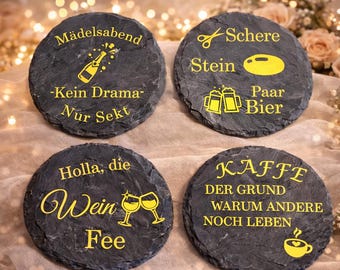 Schiefer Untersetzer Set mit Spruch | lustige Untersetzer | Geschenkidee Mädelsabend | Deko Tisch | 4er Set personalisiert möglich