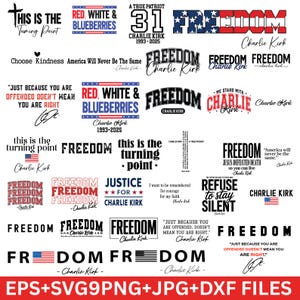 以下が含まれることがあります： 愛国心とインスピレーションを与える引用句を含むデジタルデザインファイルのコレクションです。「自由」、「正義」、「赤、白、ブルーベリー」という言葉と「チャーリー・カーク」という名前が含まれています。