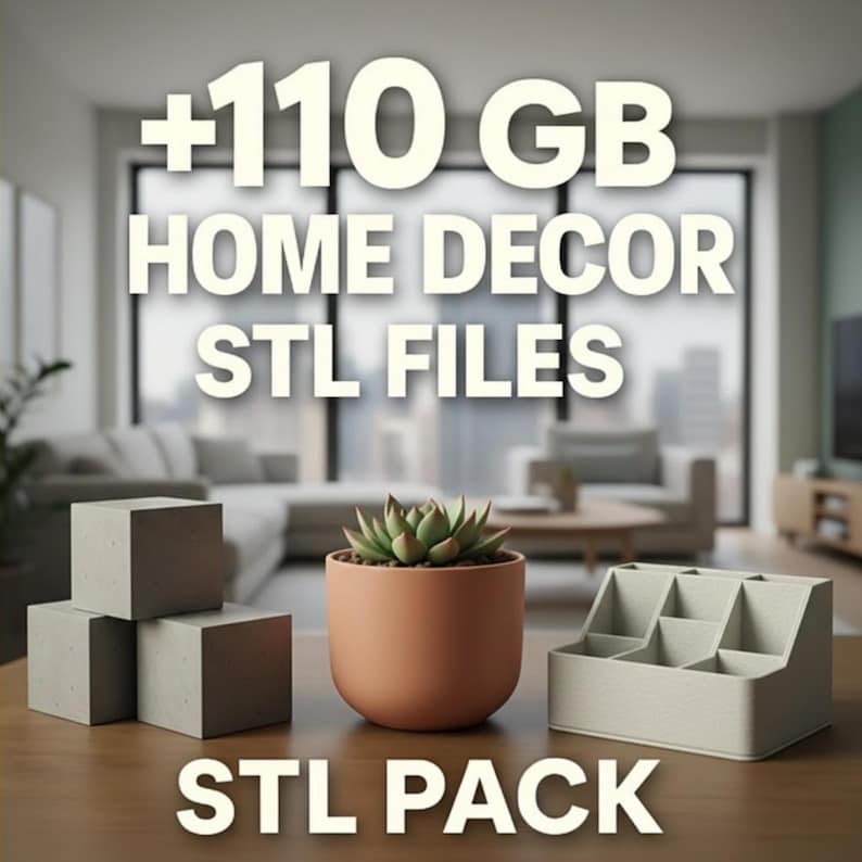 May include: Image features a collection of home decor items, including three gray square blocks, a terracotta pot with a succulent, and a divided organizer. The text overlay reads "+110 GB HOME DECOR STL FILES STL PACK."