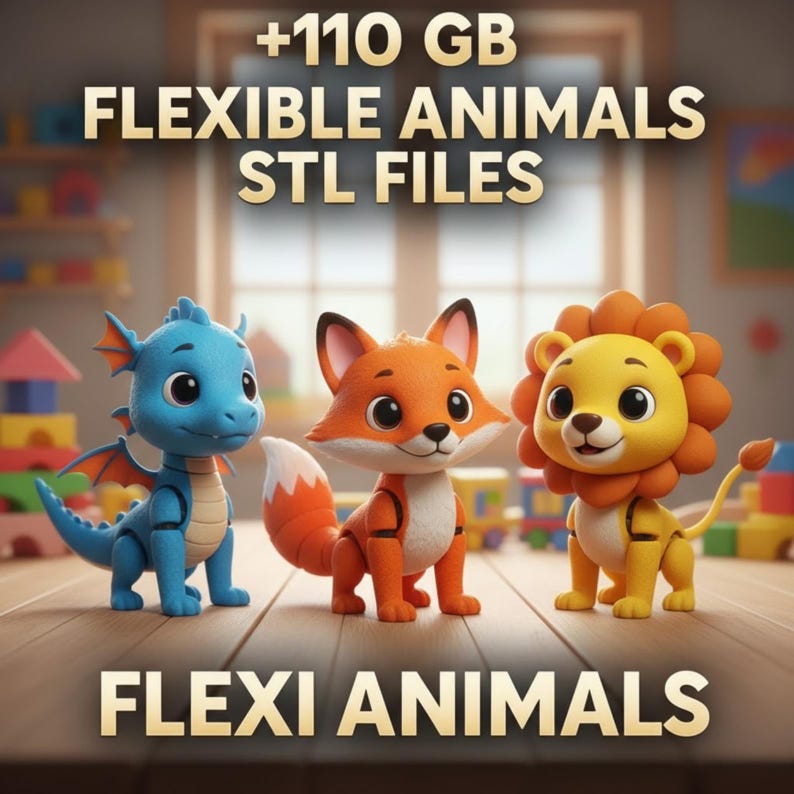 May include: Three colorful, flexible animal figurines: a blue dragon, an orange fox, and a yellow lion. The image includes the text "+110 GB FLEXIBLE ANIMALS STL FILES" and "FLEXI ANIMALS". The toys are on a wooden surface.