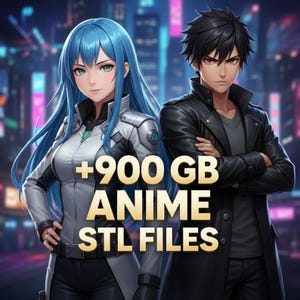 May include: Digital artwork featuring two anime-style characters, a woman with blue hair and a man with black hair, standing in front of a cityscape. The text "+900 GB ANIME STL FILES" is displayed in gold lettering.
