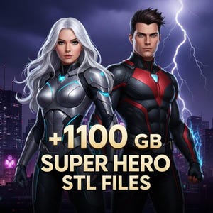 May include: Digital illustration of two superheroes, a woman with silver hair and a man, against a cityscape backdrop with lightning. The text reads "+1100 GB SUPER HERO STL FILES". The woman wears a silver and black suit, and the man wears a black and red suit.
